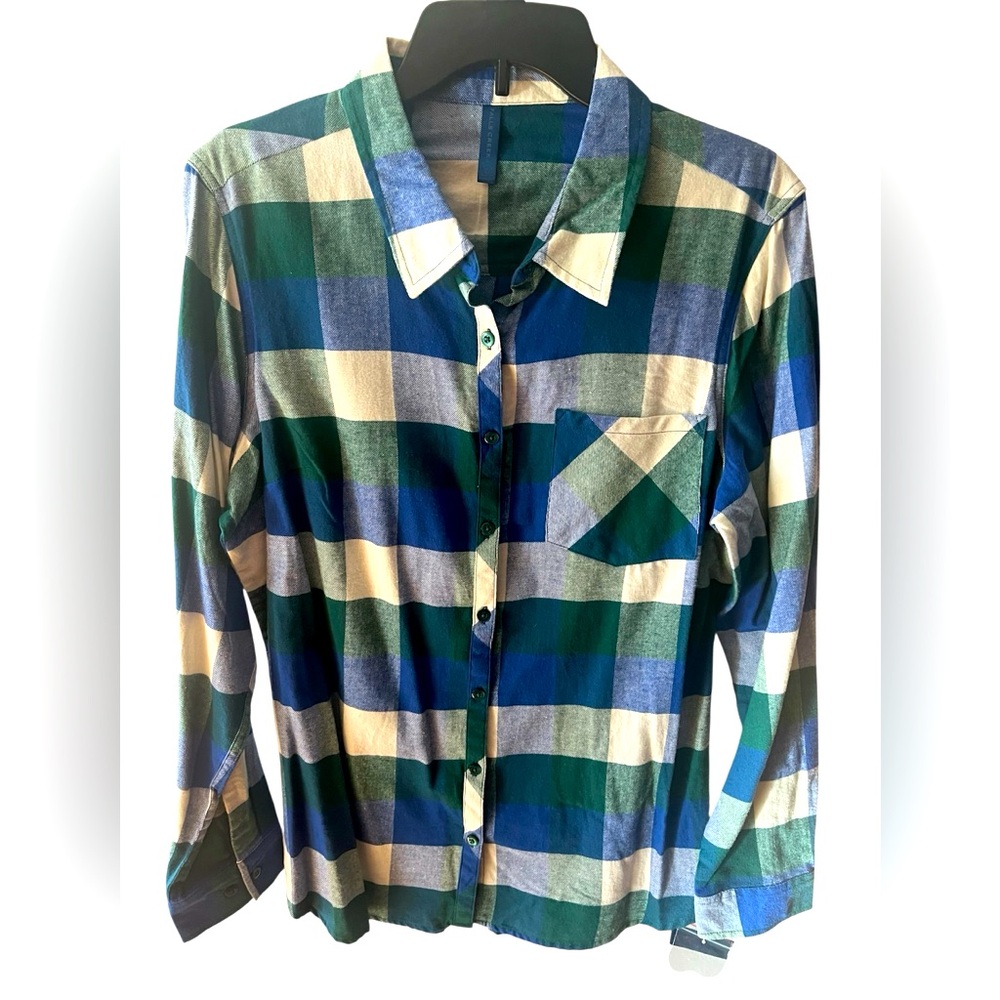 Royal Blue/Forest Green and Cream Plaid Flannel Blouse by Falls Creek. Size = XL